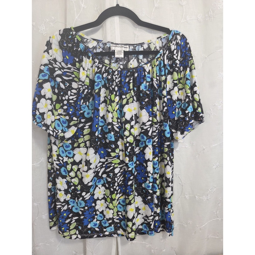 Cathy Daniels Womens Blue Green‎ Floral  Sequin Short Sleeve Blouse Shirt XL